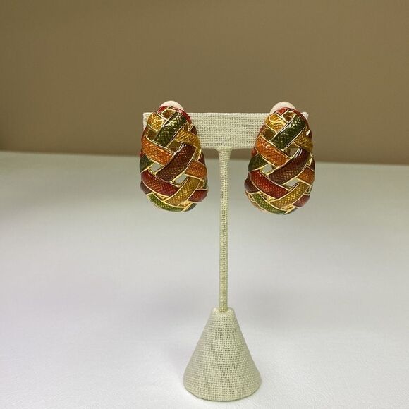 Les Bernard Enamel Clip Earrings Gold Green Orange Woven Lattice Chunky Vintage - Picture 1 of 11